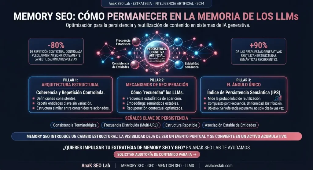 Infografía sobre Memory SEO y cómo mejorar la persistencia y reutilización del contenido en sistemas de IA generativa y LLMs.