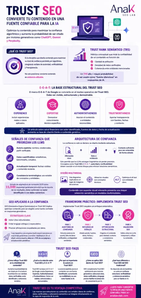 Infografía sobre Trust SEO, E-E-A-T y estrategias para convertir contenido en una fuente confiable y citable para ChatGPT, Gemini y Perplexity.