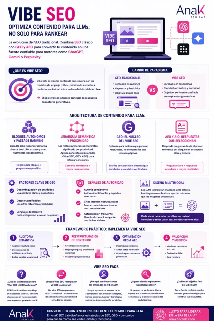 Infografía sobre Vibe SEO, una estrategia para optimizar contenido para LLMs mediante SEO, GEO y AEO, con énfasis en claridad semántica, autoridad y respuestas generativas.