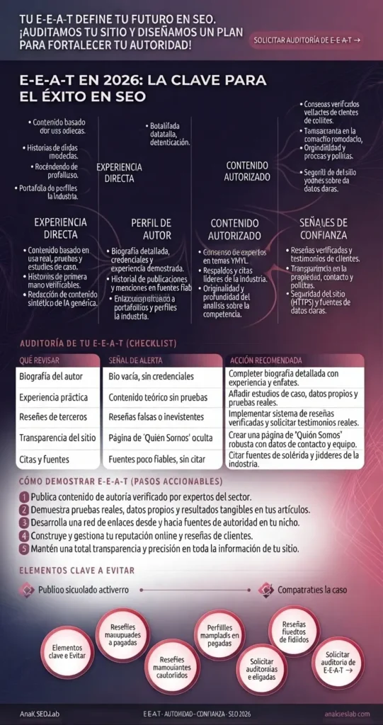 Infografía sobre E-E-A-T en 2026 y los factores clave para fortalecer la autoridad, experiencia y confianza de un sitio web en SEO.