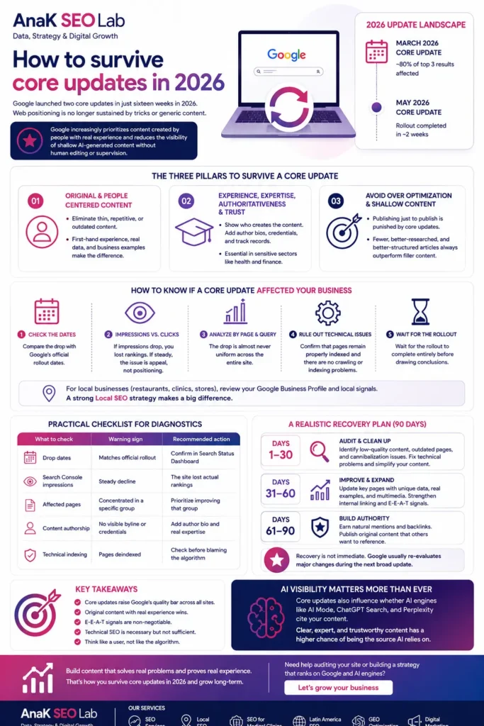 Infographic explaining how to survive Google core updates in 2026, with strategies for original content, E E A T, technical SEO, diagnostics, recovery planning and AI visibility.